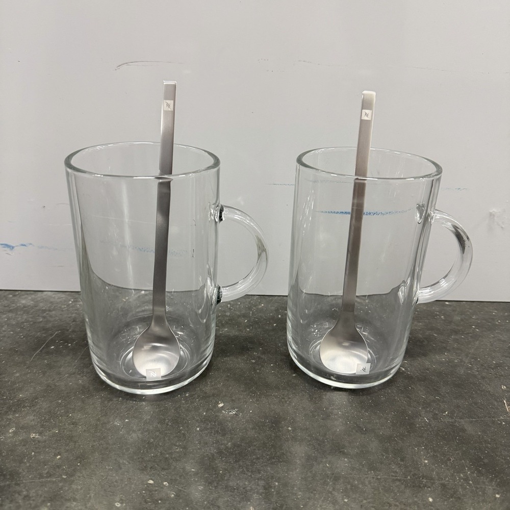 Nespresso Vertuo 11 Oz Glass Mugs W/ Stirring Spoons Lot Of 2 Made In France
